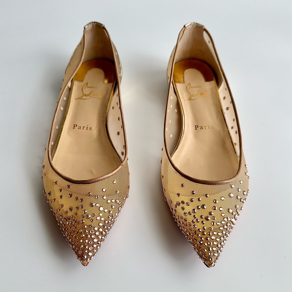 CHRISTIAN LOUBOUTIN Follies Strass Gold Crystal Pointed Toe Ballerina Flats 38 - Picture 5 of 16